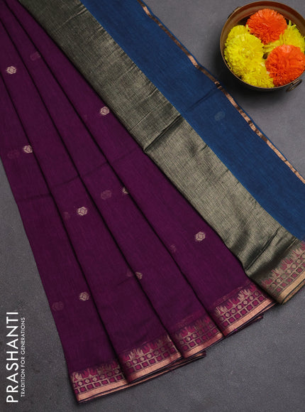 Bengal soft cotton saree purple and peacock blue with allover thread woven buttas and zari woven border