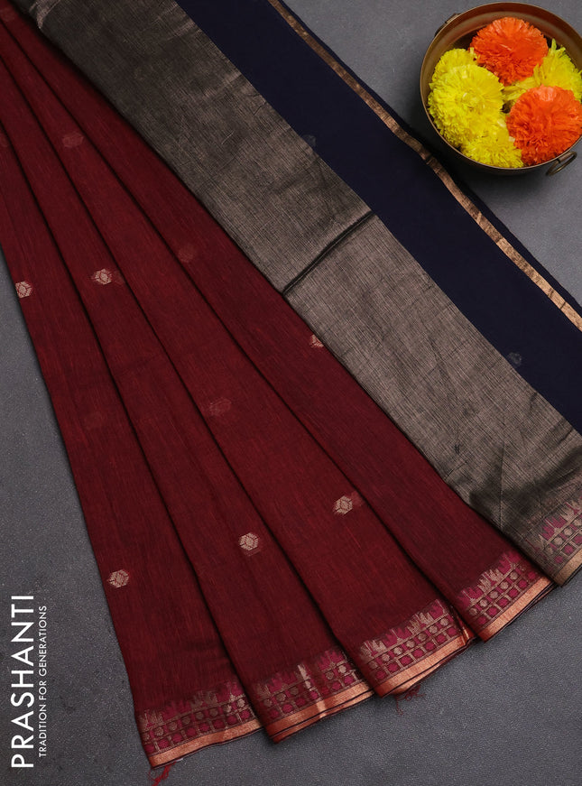 Bengal soft cotton saree maroon and navy blue with allover thread woven buttas and zari woven border