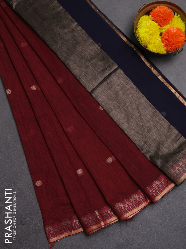 Bengal soft cotton saree maroon and navy blue with allover thread woven buttas and zari woven border