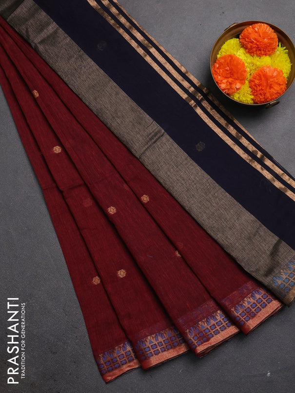 Bengal soft cotton saree maroon and navy blue with allover thread woven buttas and zari woven border