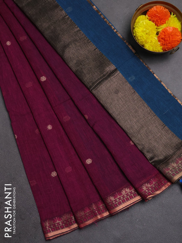 Bengal soft cotton saree magenta pink and cs blue with allover thread woven buttas and zari woven border