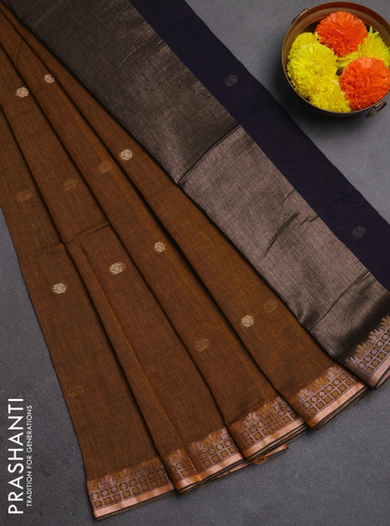 Bengal soft cotton saree dark mustard and navy blue with allover thread woven buttas and zari woven border