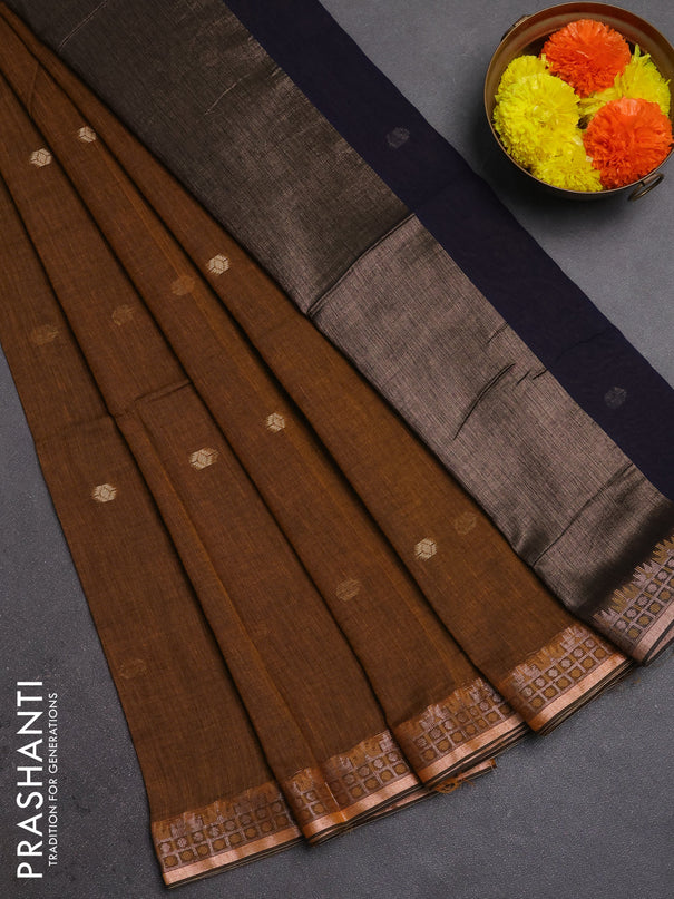 Bengal soft cotton saree dark mustard and navy blue with allover thread woven buttas and zari woven border