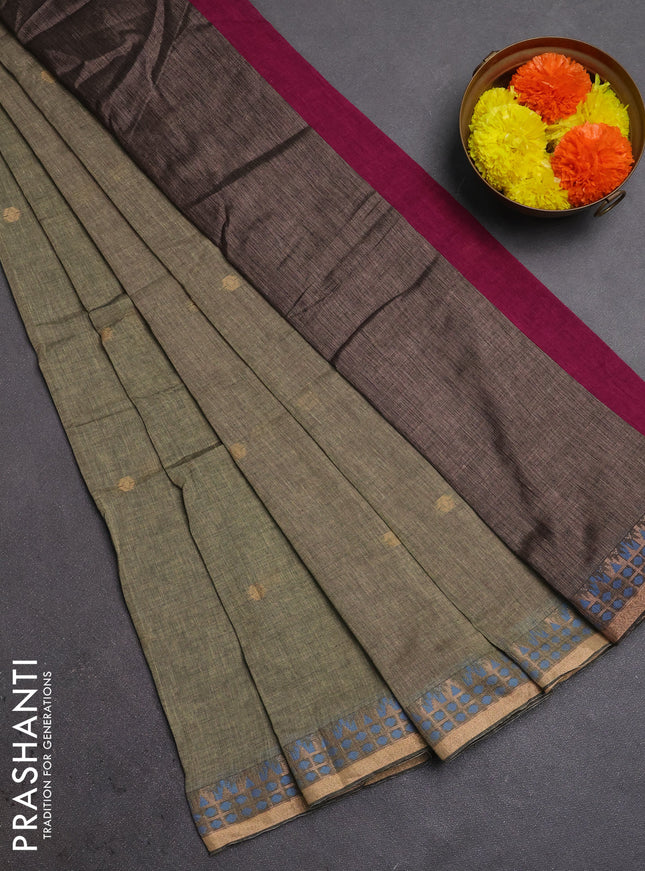 Bengal soft cotton saree chikku shade and magenta pink with allover thread woven buttas and zari woven border