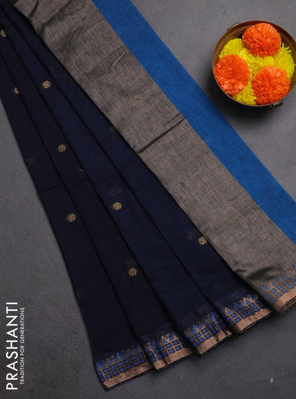 Bengal soft cotton saree navy blue and cs blue with allover thread woven buttas and zari woven border