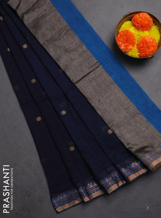 Bengal soft cotton saree navy blue and cs blue with allover thread woven buttas and zari woven border