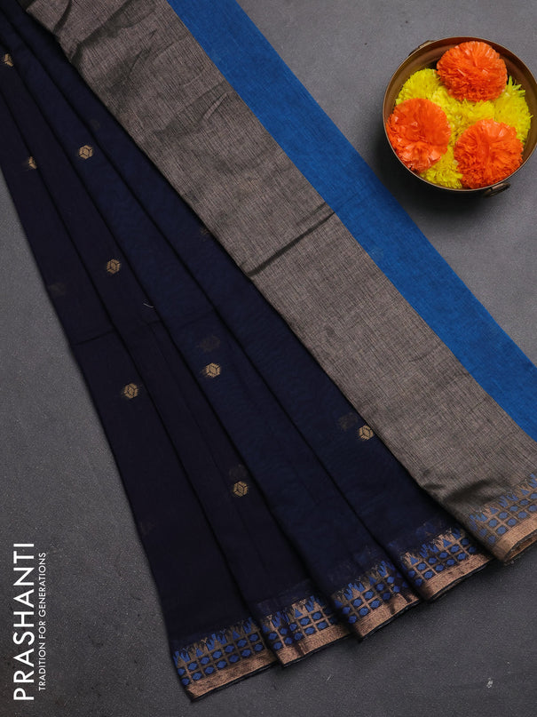 Bengal soft cotton saree navy blue and cs blue with allover thread woven buttas and zari woven border