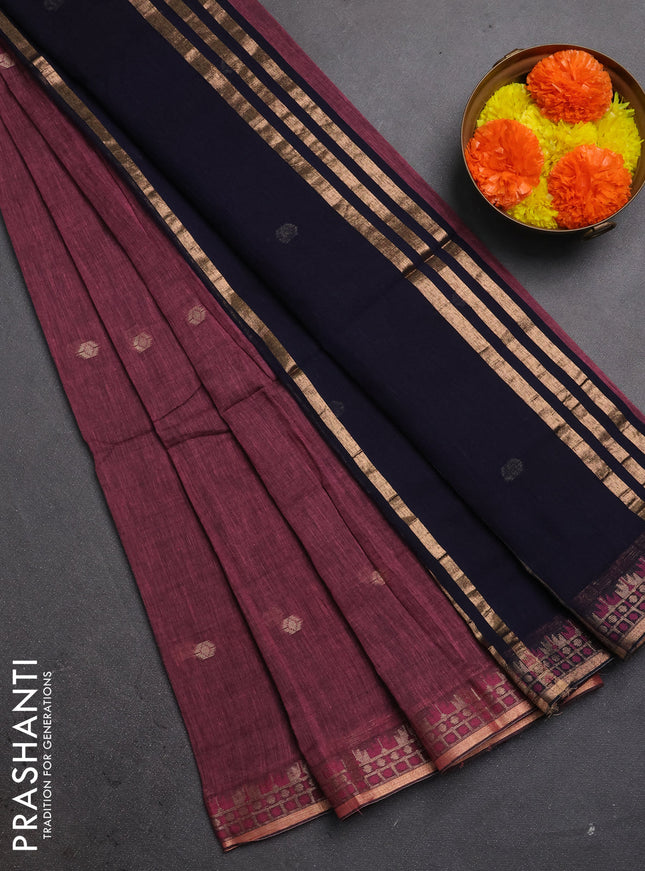 Bengal soft cotton saree pink and navy blue with allover thread woven buttas and zari woven border