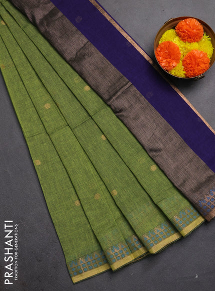 Bengal soft cotton saree light green and navy blue with allover thread woven buttas and zari woven border