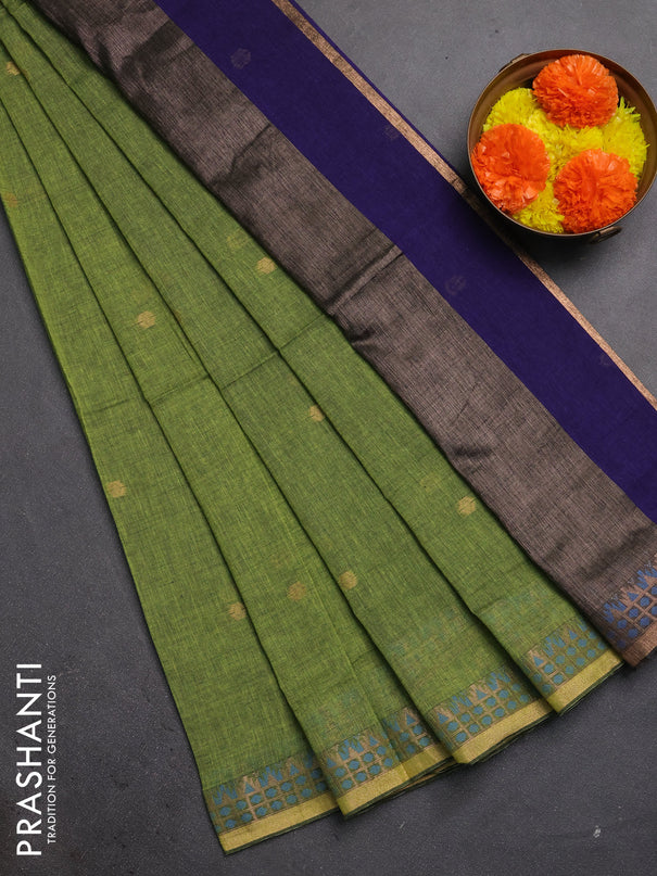 Bengal soft cotton saree light green and navy blue with allover thread woven buttas and zari woven border