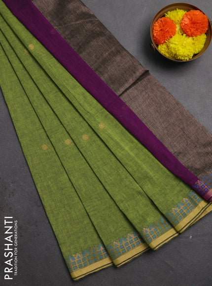 Bengal soft cotton saree lime green and purple with allover thread woven buttas and zari woven border