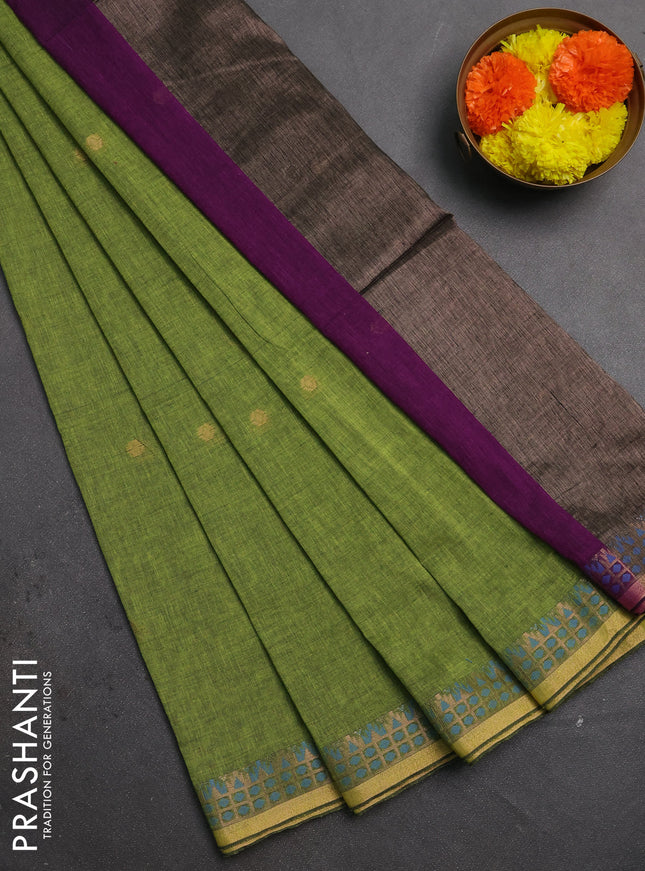 Bengal soft cotton saree lime green and purple with allover thread woven buttas and zari woven border