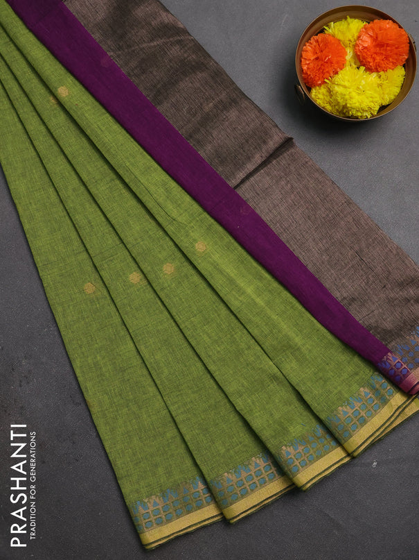 Bengal soft cotton saree lime green and purple with allover thread woven buttas and zari woven border