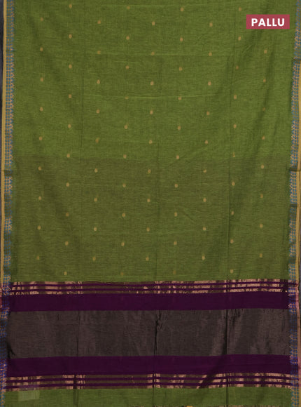 Bengal soft cotton saree lime green and purple with allover thread woven buttas and zari woven border