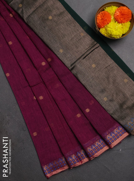 Bengal soft cotton saree magenta pink and bottle green with allover thread woven buttas and zari woven border