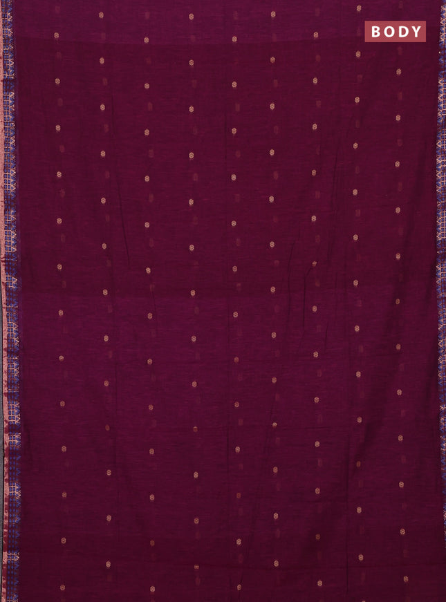 Bengal soft cotton saree magenta pink and bottle green with allover thread woven buttas and zari woven border