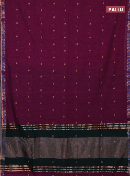 Bengal soft cotton saree magenta pink and bottle green with allover thread woven buttas and zari woven border