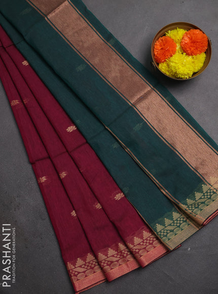Bengal soft cotton saree pink and green with allover thread woven buttas and temple design zari woven border