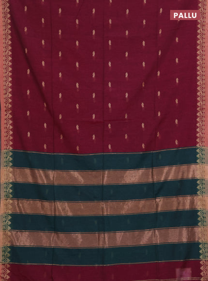 Bengal soft cotton saree pink and green with allover thread woven buttas and temple design zari woven border