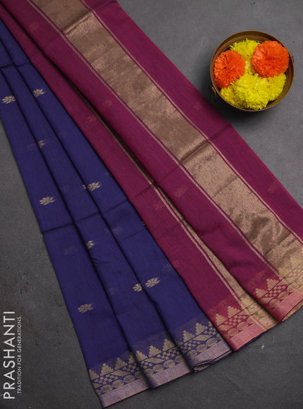 Bengal soft cotton saree blue and pink with allover thread woven buttas and temple design zari woven border