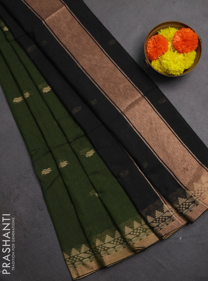 Bengal soft cotton saree olive green and navy blue with allover thread woven buttas and temple design zari woven border