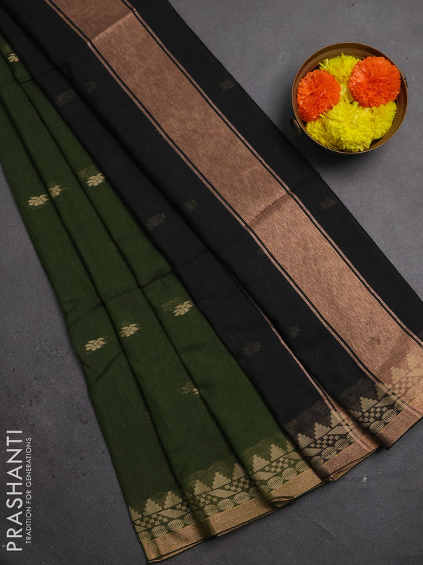 Bengal soft cotton saree olive green and navy blue with allover thread woven buttas and temple design zari woven border