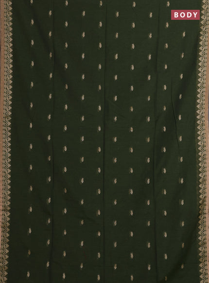 Bengal soft cotton saree olive green and navy blue with allover thread woven buttas and temple design zari woven border