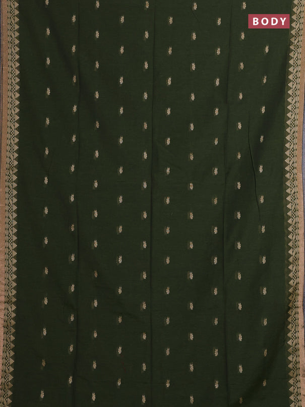 Bengal soft cotton saree olive green and navy blue with allover thread woven buttas and temple design zari woven border