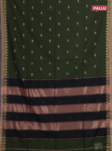Bengal soft cotton saree olive green and navy blue with allover thread woven buttas and temple design zari woven border