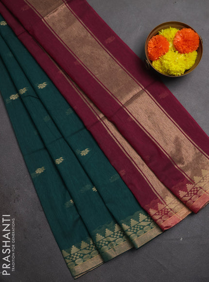 Bengal soft cotton saree bottle green and pink with allover thread woven buttas and temple design zari woven border