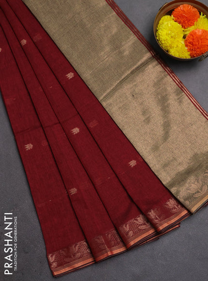 Bengal soft cotton saree maroon with allover thread woven buttas and zari woven border