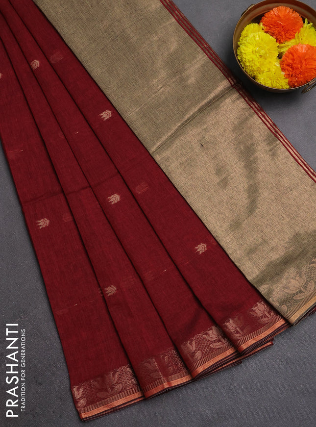 Bengal soft cotton saree maroon with allover thread woven buttas and zari woven border