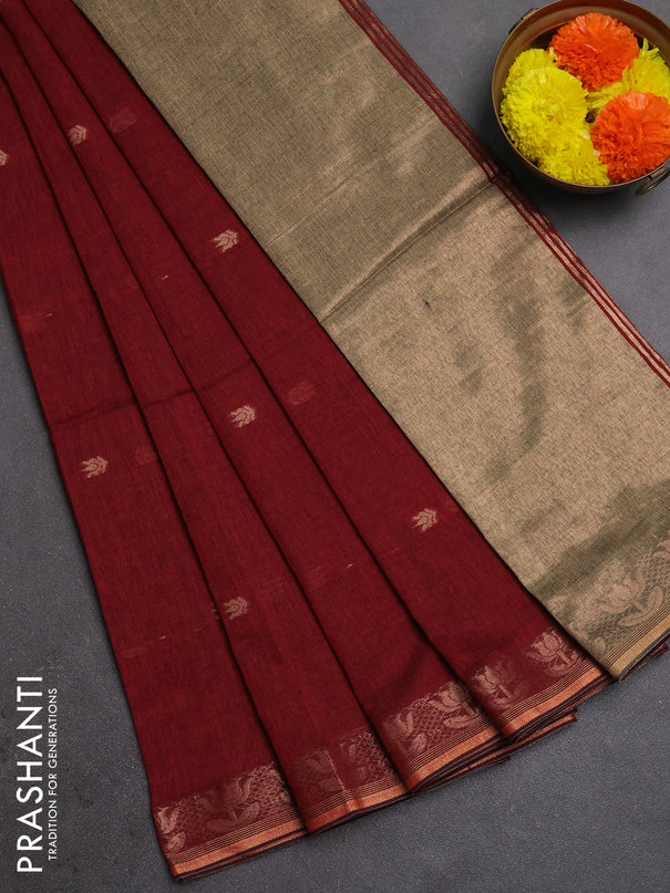 Bengal soft cotton saree maroon with allover thread woven buttas and zari woven border