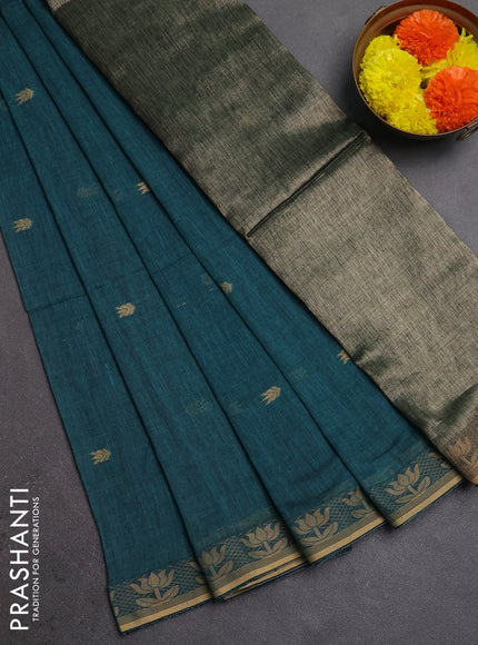 Bengal soft cotton saree peacock green with allover thread woven buttas and thread woven butta border