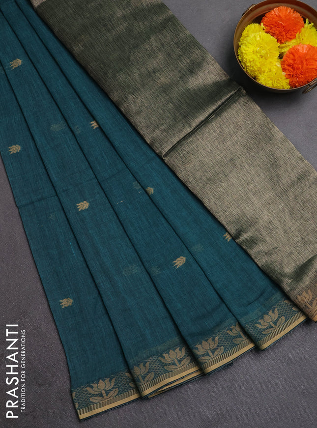 Bengal soft cotton saree peacock green with allover thread woven buttas and thread woven butta border