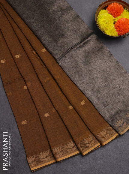 Bengal soft cotton saree dark mustard with allover thread woven buttas and thread woven butta border