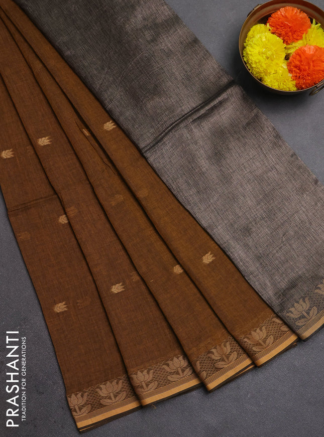 Bengal soft cotton saree dark mustard with allover thread woven buttas and thread woven butta border