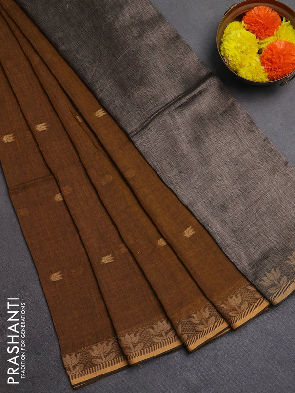 Bengal soft cotton saree dark mustard with allover thread woven buttas and thread woven butta border