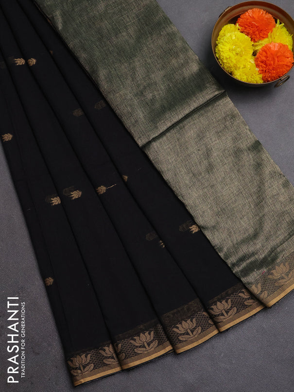 Bengal soft cotton saree black with allover thread woven buttas and thread woven butta border