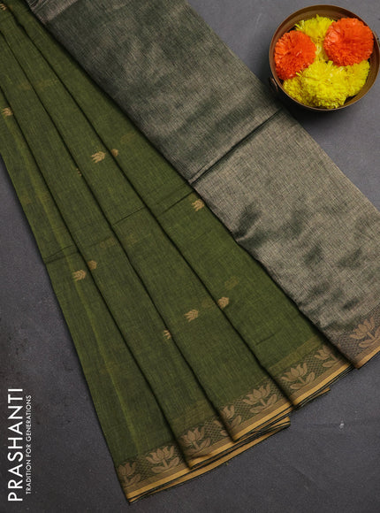 Bengal soft cotton saree sap green with allover thread woven buttas and thread woven butta border