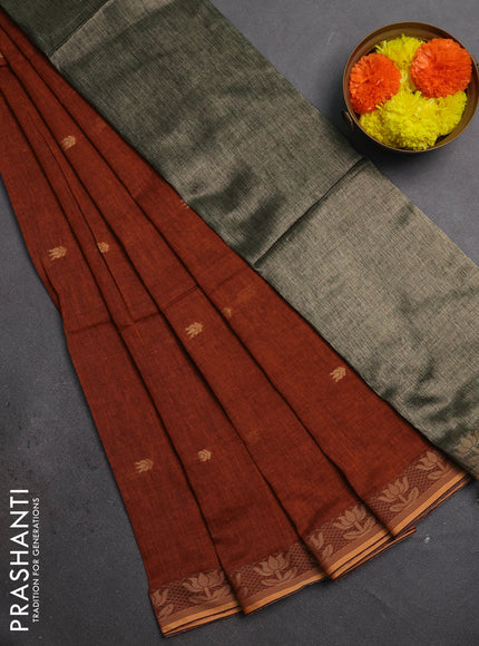 Bengal soft cotton saree dark mustard with allover thread woven buttas and thread woven butta border