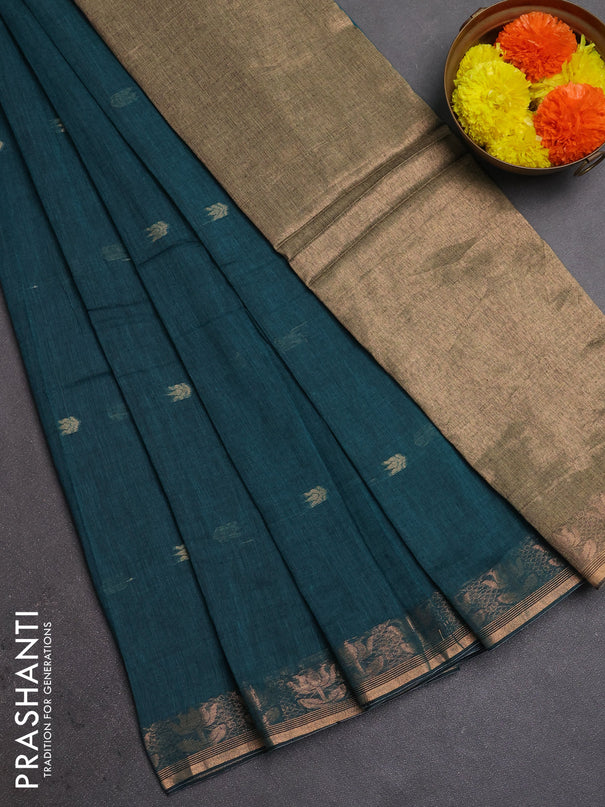Bengal soft cotton saree teal green with allover thread woven buttas and zari woven butta border