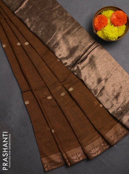 Bengal soft cotton saree dark mustard with allover thread woven buttas and zari woven butta border