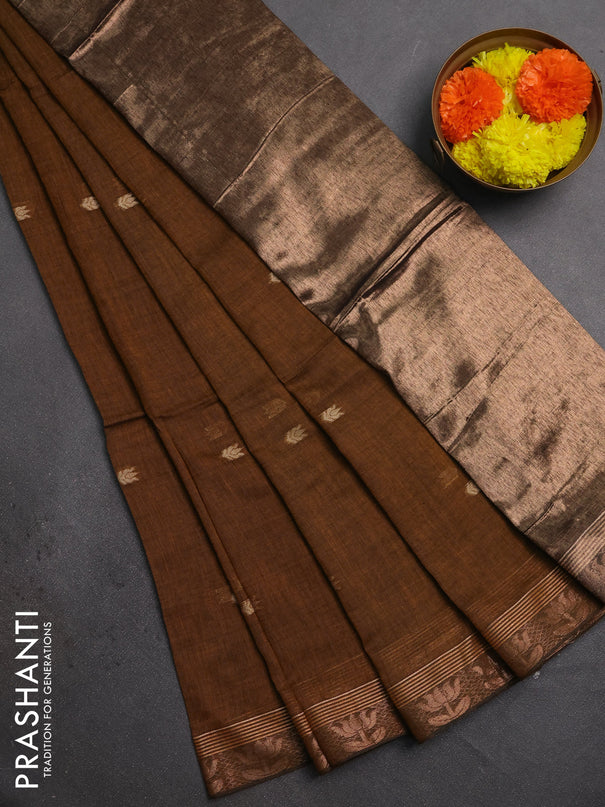 Bengal soft cotton saree dark mustard with allover thread woven buttas and zari woven butta border