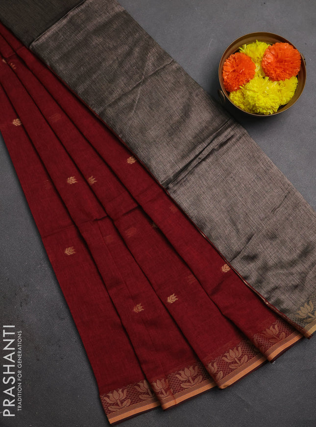 Bengal soft cotton saree maroon with allover thread woven buttas and thread woven butta border
