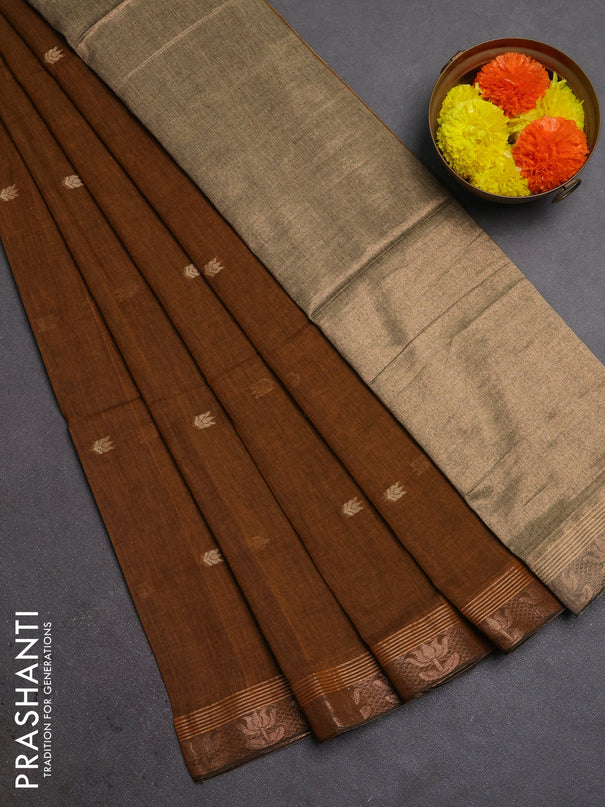 Bengal soft cotton saree dark mustard with allover thread woven buttas and zari woven butta border