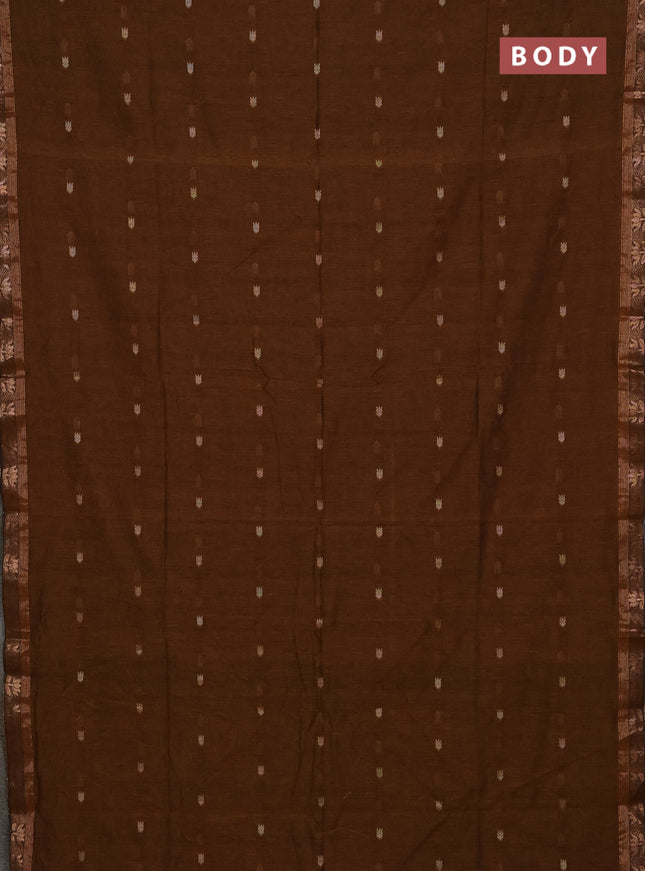 Bengal soft cotton saree dark mustard with allover thread woven buttas and zari woven butta border