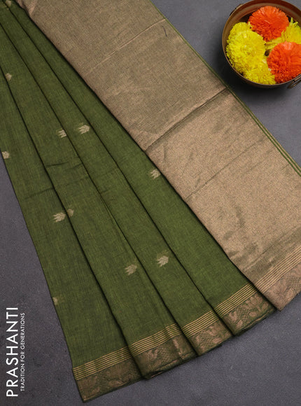 Bengal soft cotton saree olive green with allover thread woven buttas and zari woven butta border