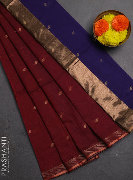Bengal soft cotton saree maroon and navy blue with allover thread woven buttas and zari woven butta border