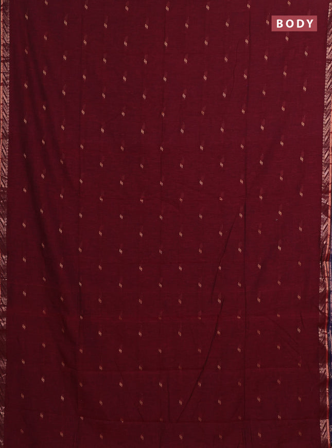 Bengal soft cotton saree maroon and navy blue with allover thread woven buttas and zari woven butta border